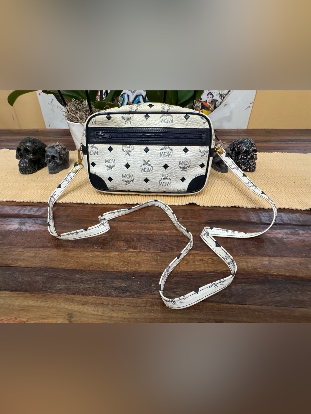 MCM White and Navy Visetos Logo Crossbody Bag - Picture 7 of 17